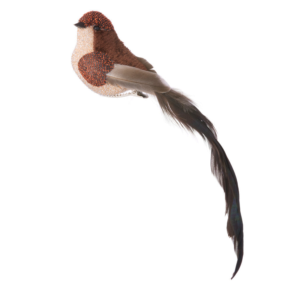 Fugl på clips, brun - B20 cm.